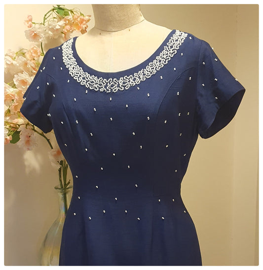 1950s CARNEGIE NAVY DRESS WITH WHITE BEADS UK 10